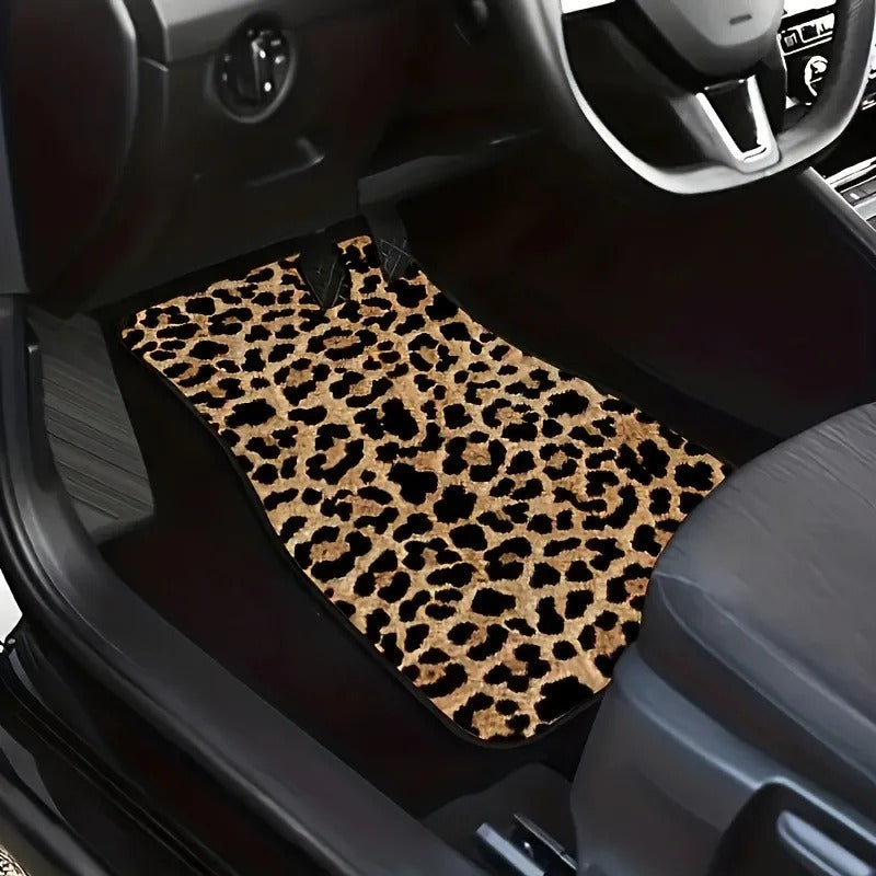 Universal Leopard Print Car Floor Mats 4-Piece Set – Non-Slip, Absorbent, Washable Polyester Fiber Mats for Cars & SUVs