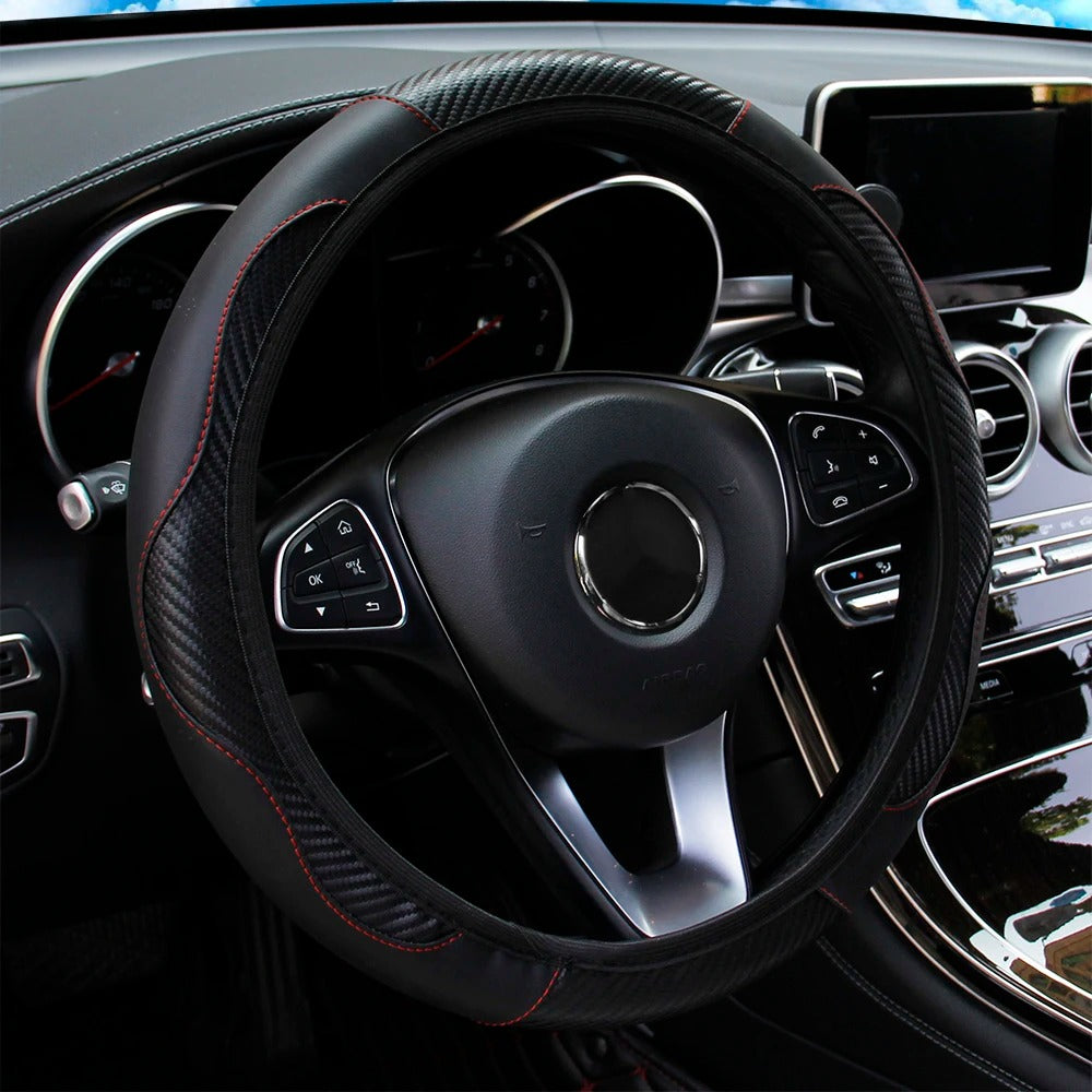 PU Carbon Fiber Steering Wheel Cover – Fits 14.5 to 15 Inch Wheels - Delicate Leather  