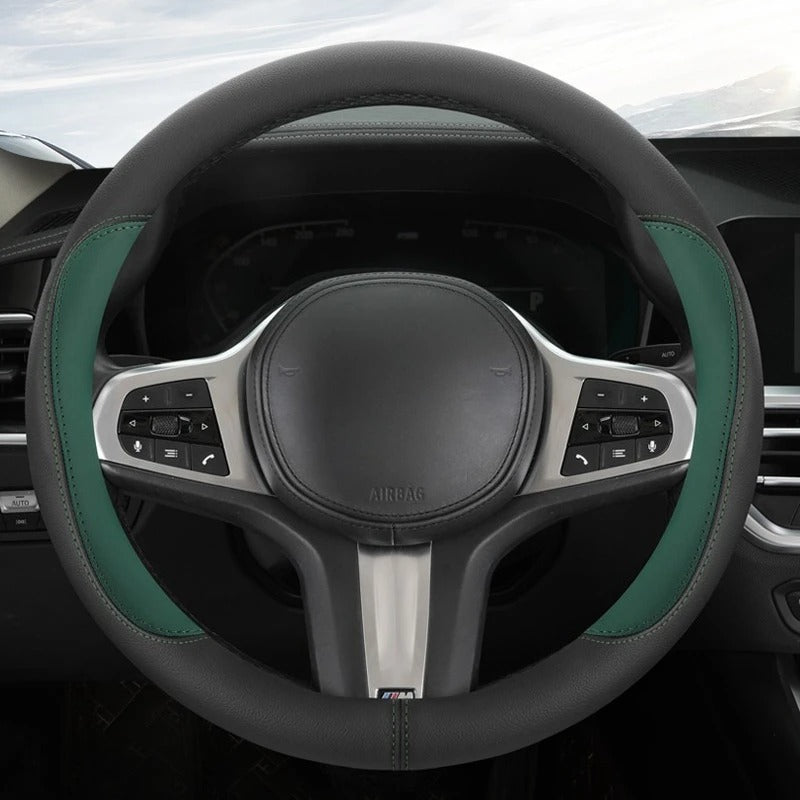 Color-Blocked PU Leather Steering Wheel Cover – Universal 14.5–15 Inch Breathable Non-Slip Grip - Delicate Leather