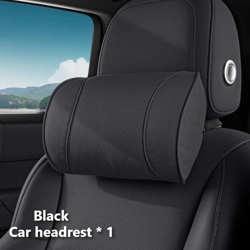 Premium Suede Car Neck & Lumbar Support Pillow Set – Universal Headrest and Waist Cushion for Cars, SUVs & Trucks - Delicate Leather