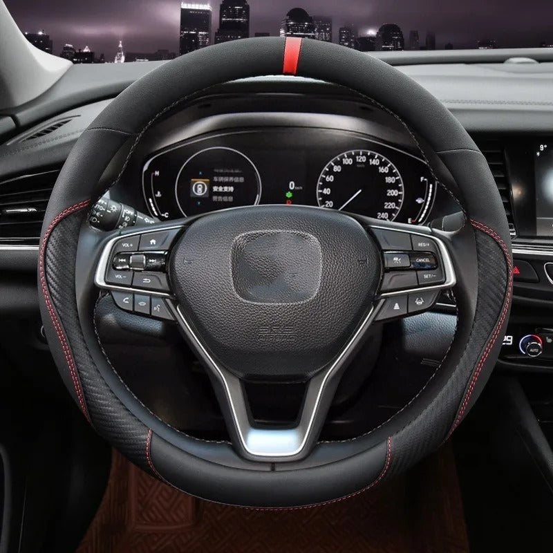Microfiber Leather & Carbon Fiber Steering Wheel Cover – Universal O/D Shape Anti-Slip Grip - Delicate Leather