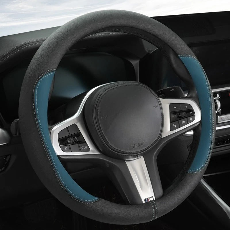 Color-Blocked PU Leather Steering Wheel Cover – Universal 14.5–15 Inch Breathable Non-Slip Grip - Delicate Leather