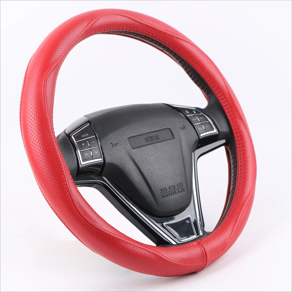 Universal Genuine Leather Steering Wheel Cover 38cm – Top Cowhide Perforated Non-Slip Silicone Car Steering Wheel Protector - Delicate Leather