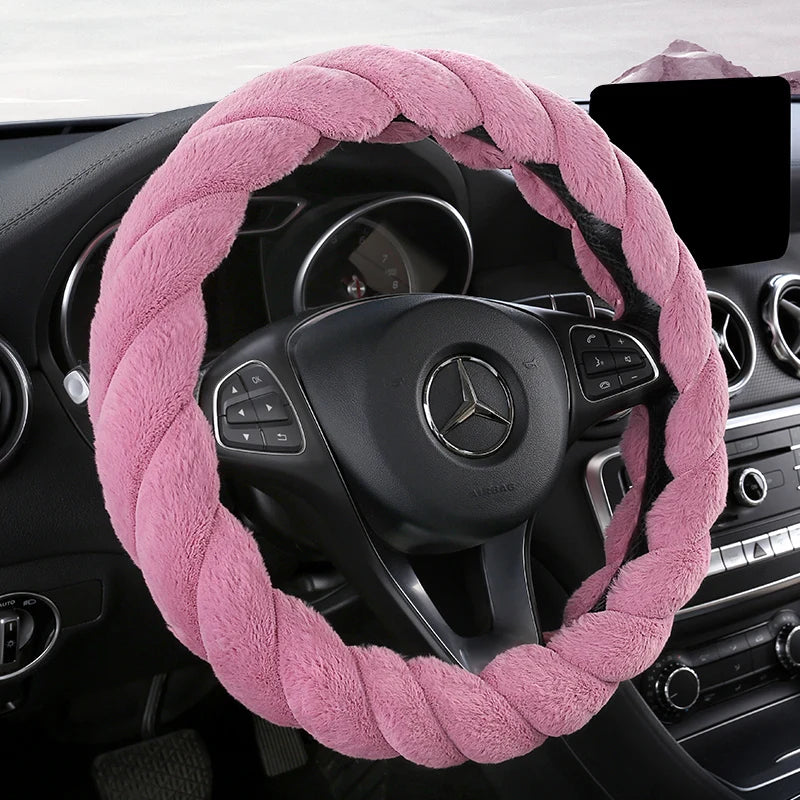 Plush Winter Steering Wheel Cover Universal – Cute Decorative Non-Slip Handle Cover for Car Interior - Delicate Leather  