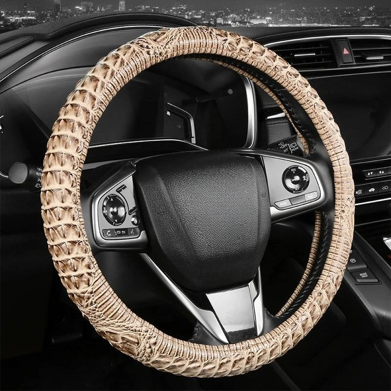 Crocodile-Texture Leather Steering Wheel Cover – Anti-Slip, Universal 14.5–15 Inch (37–38cm)