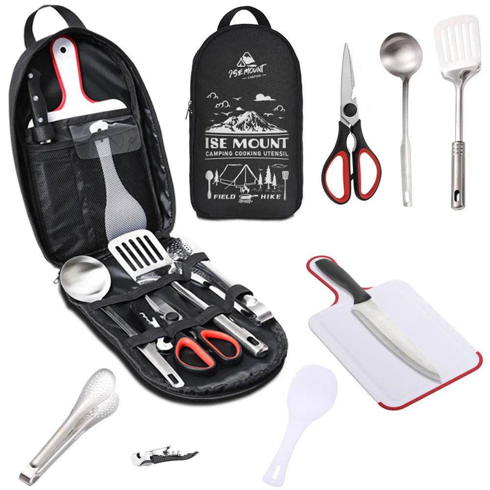 Portable Travel Utensils Set 9pcs Stainless Steel Camping Kitchen Cookware Set, Perfect Kitchenware for Backpacking, BBQs, Camping, and Picnics