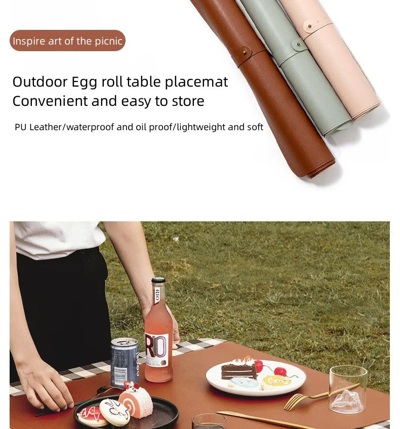 Table Mat Camping Wood Roll Table Mat PU Leather Thicken Waterproof Heat-Resistant Wooden Desk Pad For Outdoor Picnic BBQ