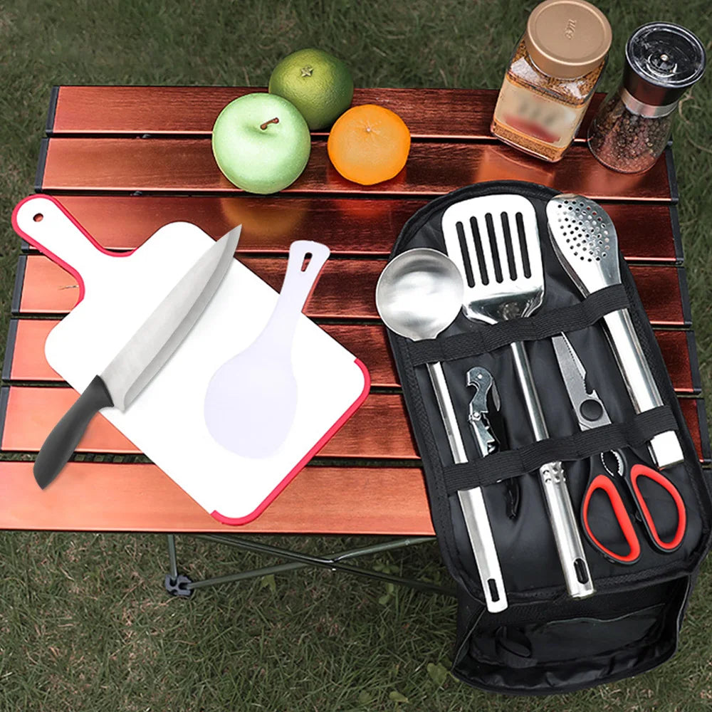 Portable Travel Utensils Set 9pcs Stainless Steel Camping Kitchen Cookware Set, Perfect Kitchenware for Backpacking, BBQs, Camping, and Picnics