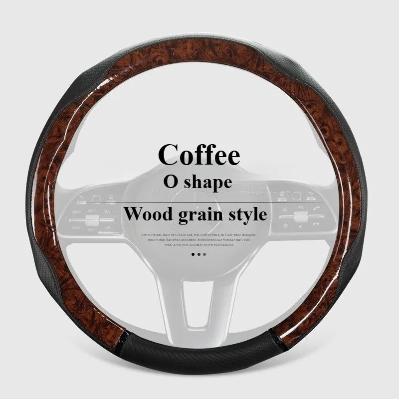 Wood Grain Leather Steering Wheel Cover – Universal 38CM Anti-Slip O/D Shape Grip - Delicate Leather