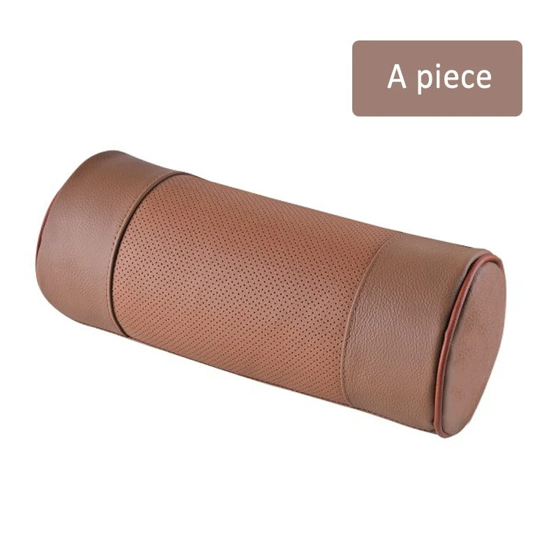 Genuine Cowhide Leather Car Neck Pillow – Cylindrical Memory Foam Cushion for Car & Office - Delicate Leather