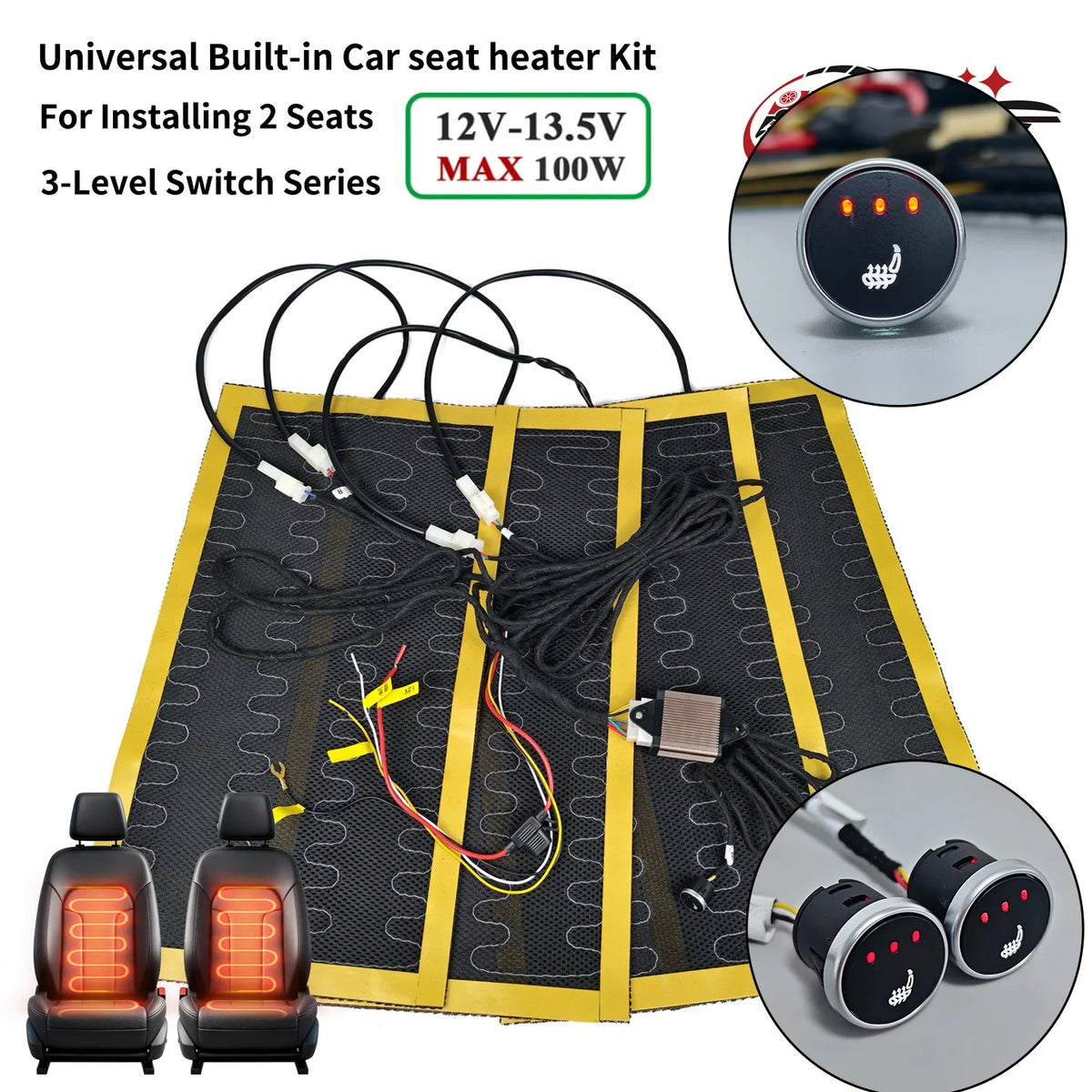 12V Car Seat Heater Kit – Built-In Heating Pads with Dual Control Round Switch - Delicate Leather