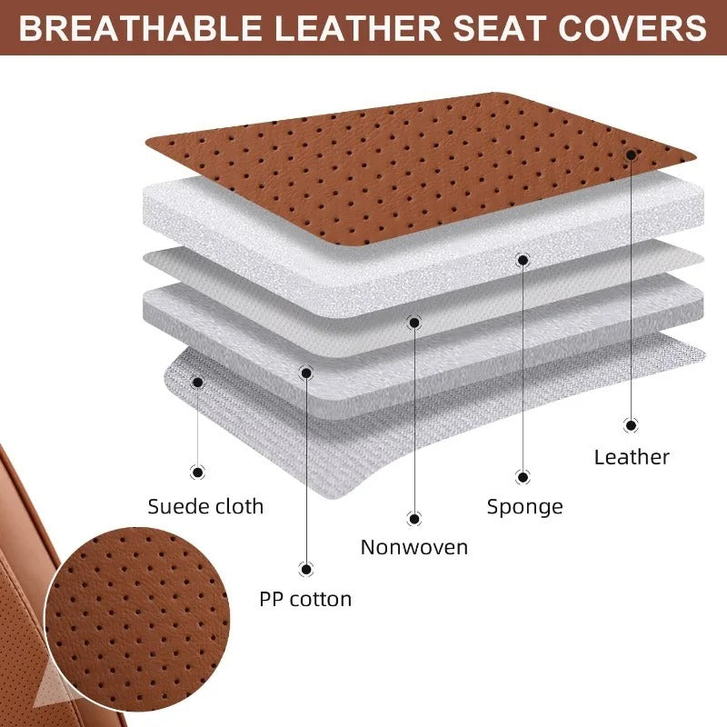Breathable Leather Car Seat Covers, Full Set with Front and Rear Covers and Headrests