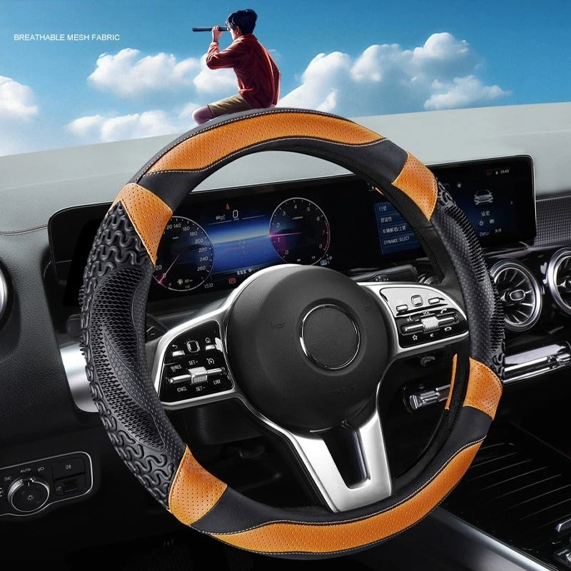 PU Leather Steering Wheel Cover – All-Season Perforated Design with Heat-Embossed Pattern (14.5–15 Inch Fit) - Delicate Leather  