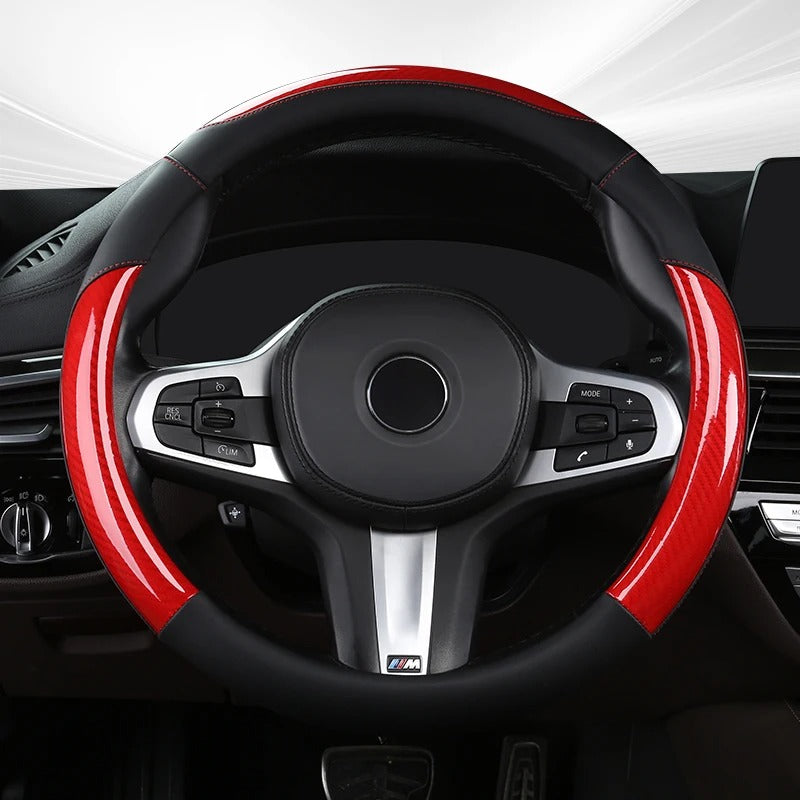 Carbon Fiber & Leather Steering Wheel Cover – Sports Style, O-Shape, Breathable & Non-Slip Rubber Inner Ring, Universal 37–38 cm Four-Season - Delicate Leather  