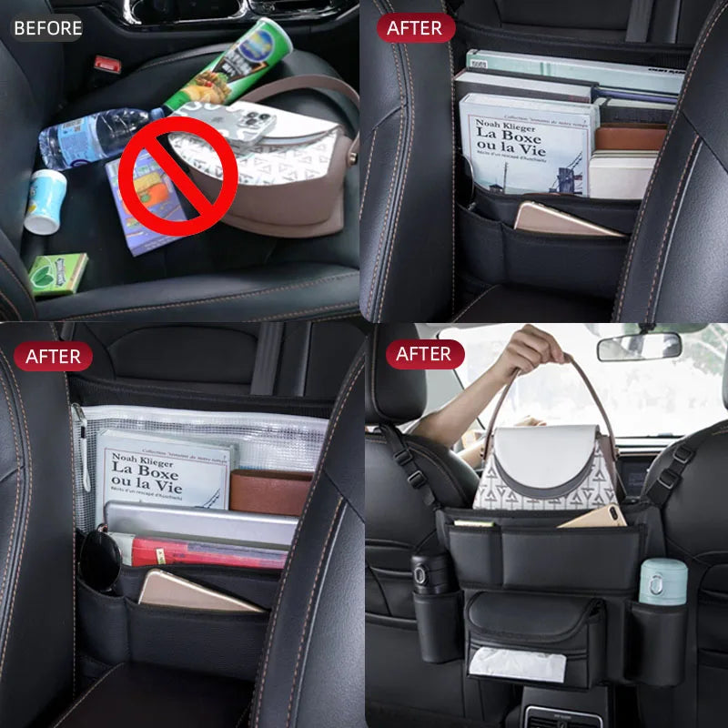 Car Seat Middle Hanger Storage Bag – Leather Handbag Holder, Large Capacity Pockets for Phone, Tissue, Water Cup & More - Delicate Leather  