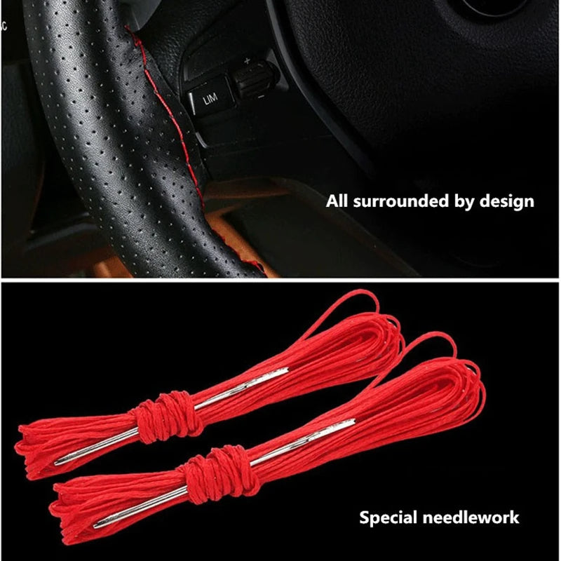 Soft Fiber Leather Car Steering Wheel Cover – Anti-Slip, Braid Stitch Wrap with Needle & Thread