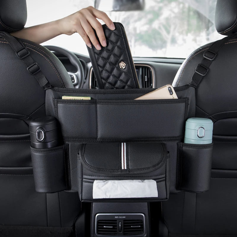Car Seat Middle Hanger Storage Bag – Leather Handbag Holder, Large Capacity Pockets for Phone, Tissue, Water Cup & More - Delicate Leather  