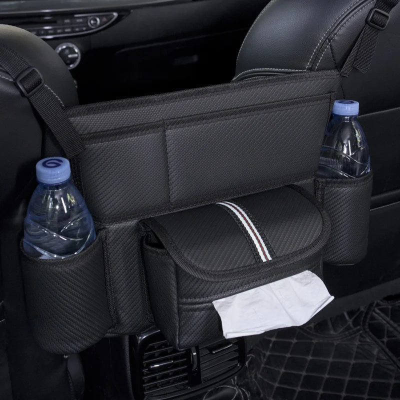 Car Seat Middle Hanger Storage Bag – Leather Handbag Holder, Large Capacity Pockets for Phone, Tissue, Water Cup & More - Delicate Leather  