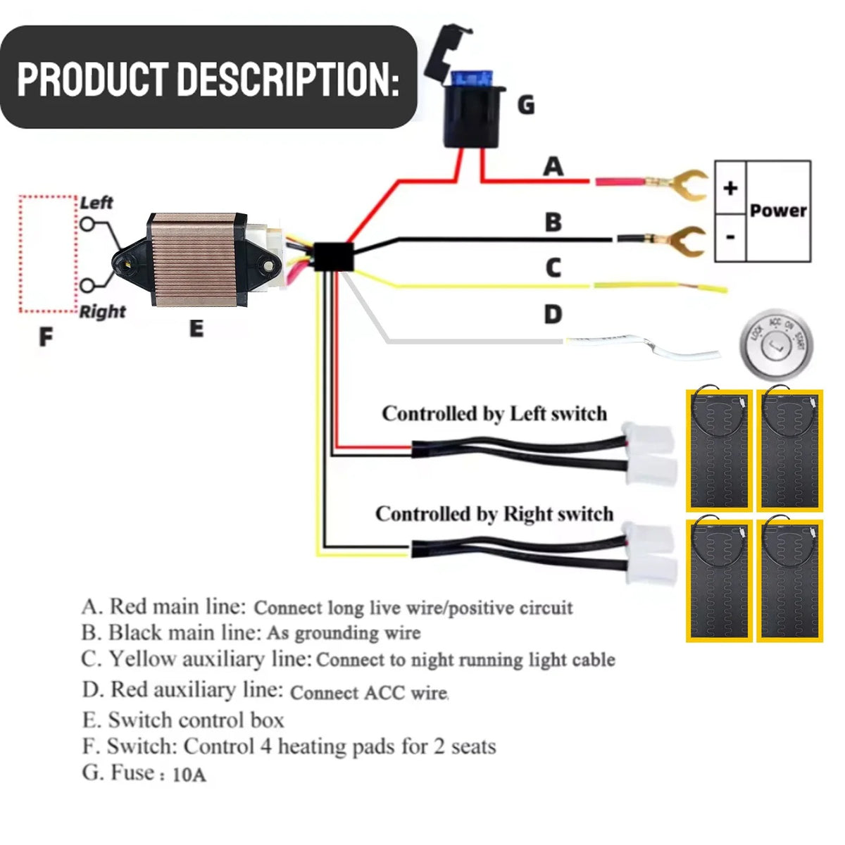 12V Car Seat Heater Kit – Built-In Heating Pads with Dual Control Round Switch - Delicate Leather