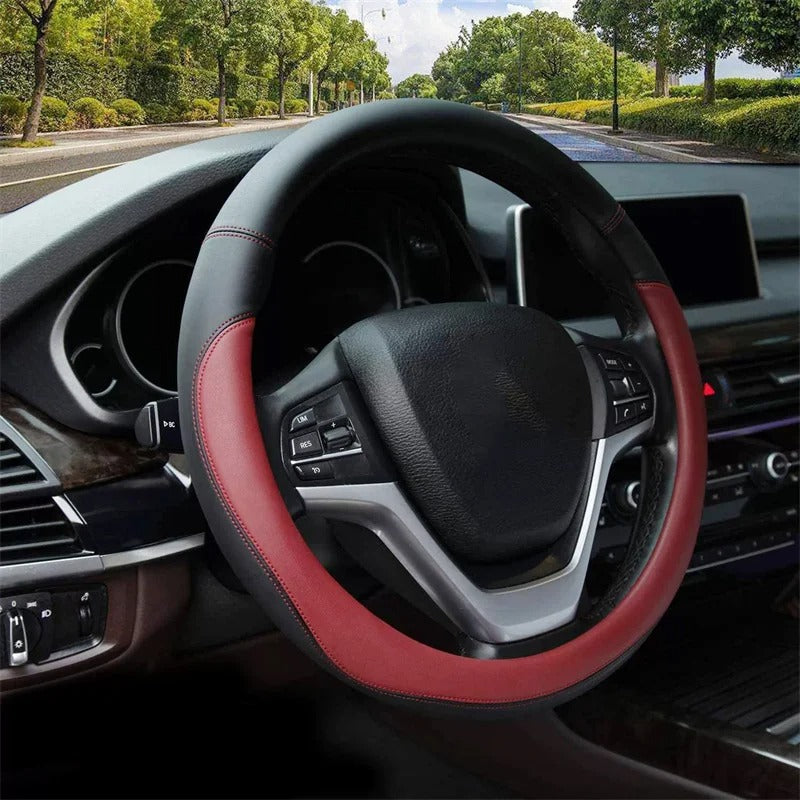 Universal Leather Steering Wheel Cover – Breathable Non-Slip 37–38 cm Steering Wheel Protector - Delicate Leather