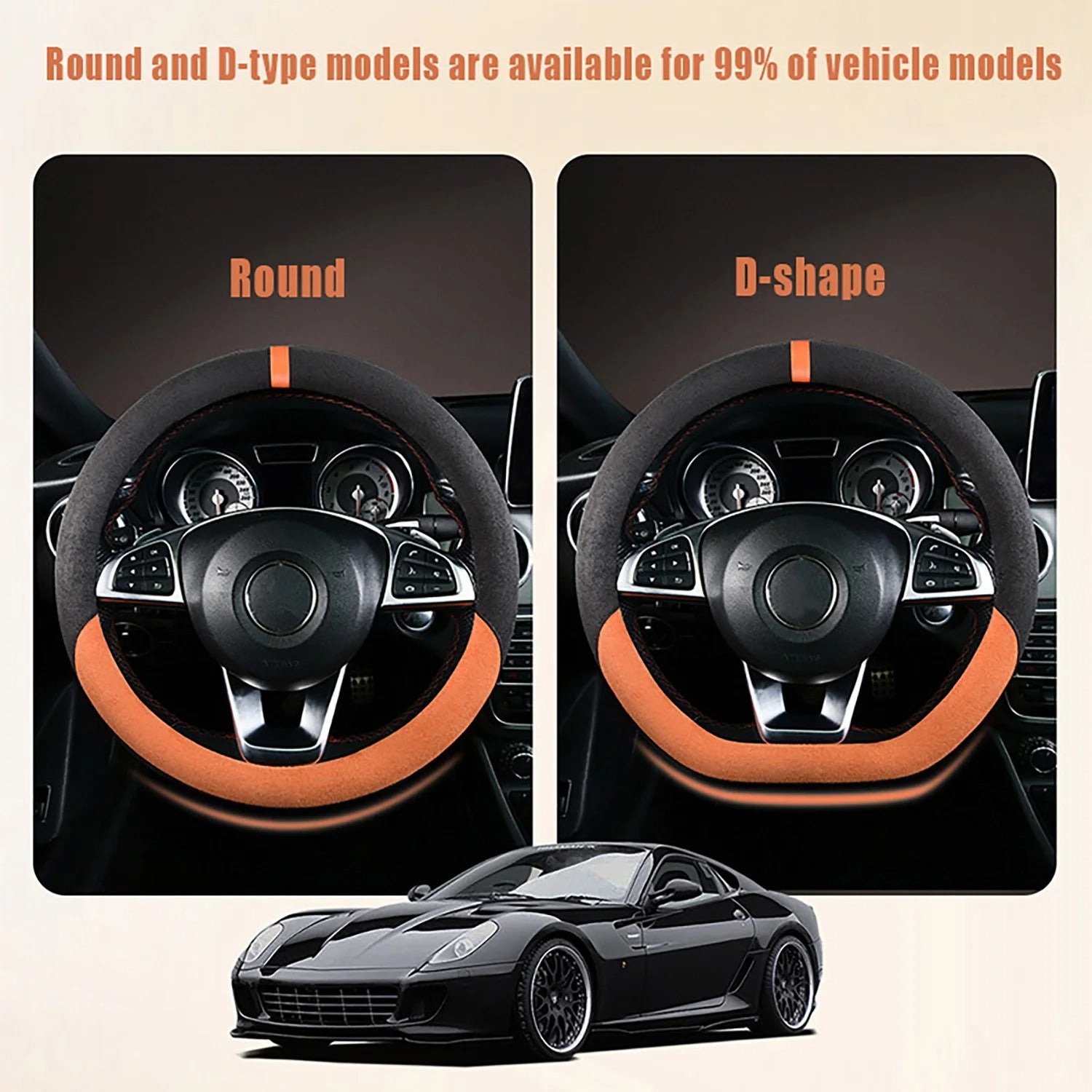 Premium Suede Steering Wheel Cover – D-Shape Anti-Slip Universal 15-Inch Fit - Delicate Leather  