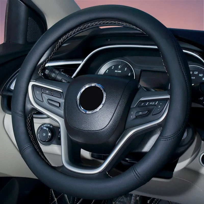 Color Splicing Leather Steering Wheel Cover – Universal 38CM Non-Slip All-Season Grip - Delicate Leather