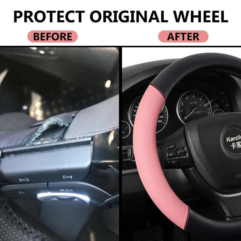Universal 38CM PU Leather Steering Wheel Cover – Breathable Microfiber Design, 15-Inch Fit - Delicate Leather  