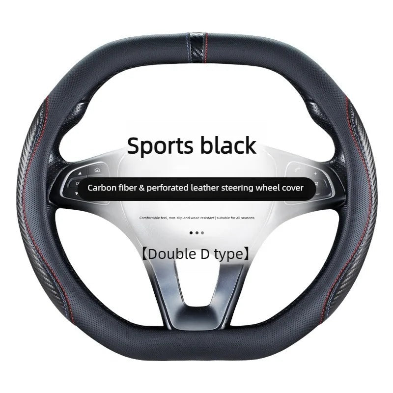 Carbon Fiber Microfiber Leather Steering Wheel Cover – Universal 37–38CM O/D Shape Non-Slip Grip - Delicate Leather