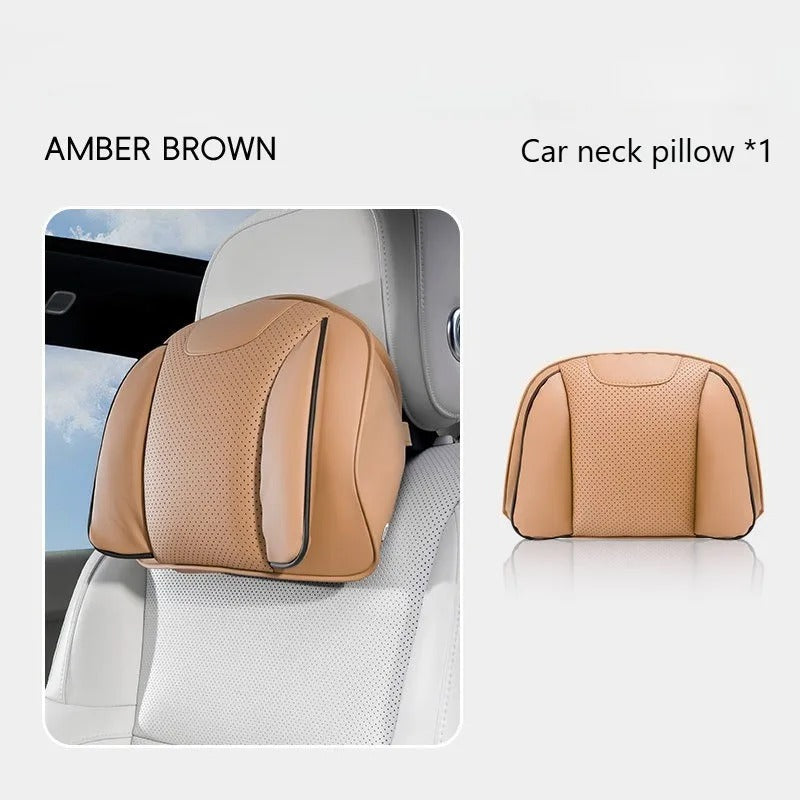 Nappa Leather Car Headrest & Lumbar Support Pillow Set – Universal Neck & Back Cushion - Delicate Leather