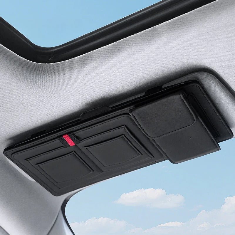 Leather Car Sun Visor Organizer – Universal Sunglasses Holder with Card & Pen Storage - Delicate Leather