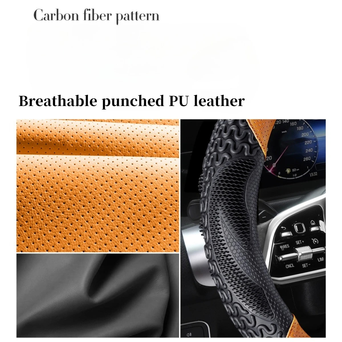PU Leather Steering Wheel Cover – All-Season Perforated Design with Heat-Embossed Pattern (14.5–15 Inch Fit) - Delicate Leather  