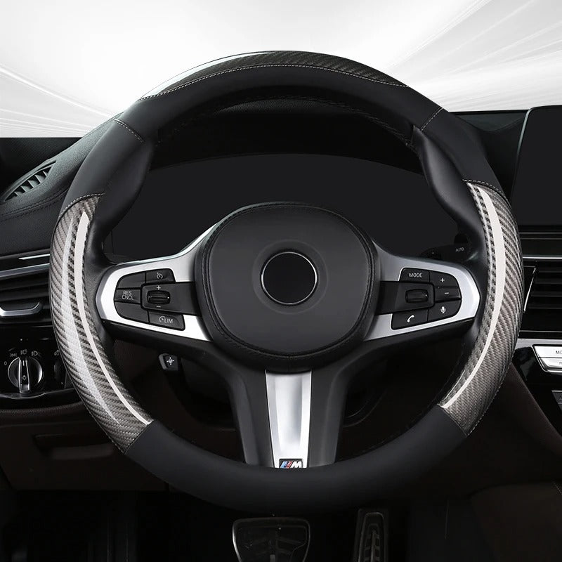 Carbon Fiber & Leather Steering Wheel Cover – Sports Style, O-Shape, Breathable & Non-Slip Rubber Inner Ring, Universal 37–38 cm Four-Season - Delicate Leather  