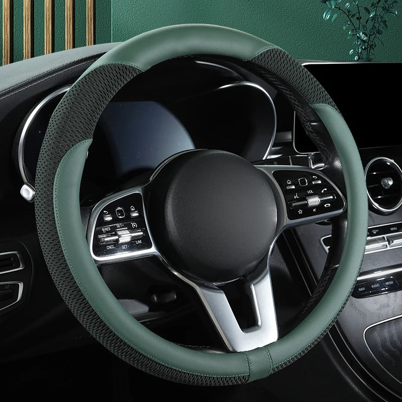 Premium Leather & Ice Silk Steering Wheel Cover – Breathable Mesh, Stitched Design, Universal 14.5–15 Inch, All Seasons - Delicate Leather  