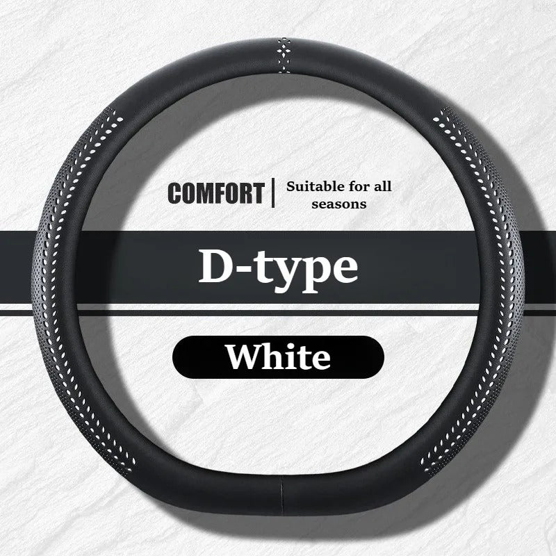 Universal Nappa Leather Steering Wheel Cover 38cm – O-Type, D-Type & Double D Non-Slip Car Steering Wheel Protector - Delicate Leather