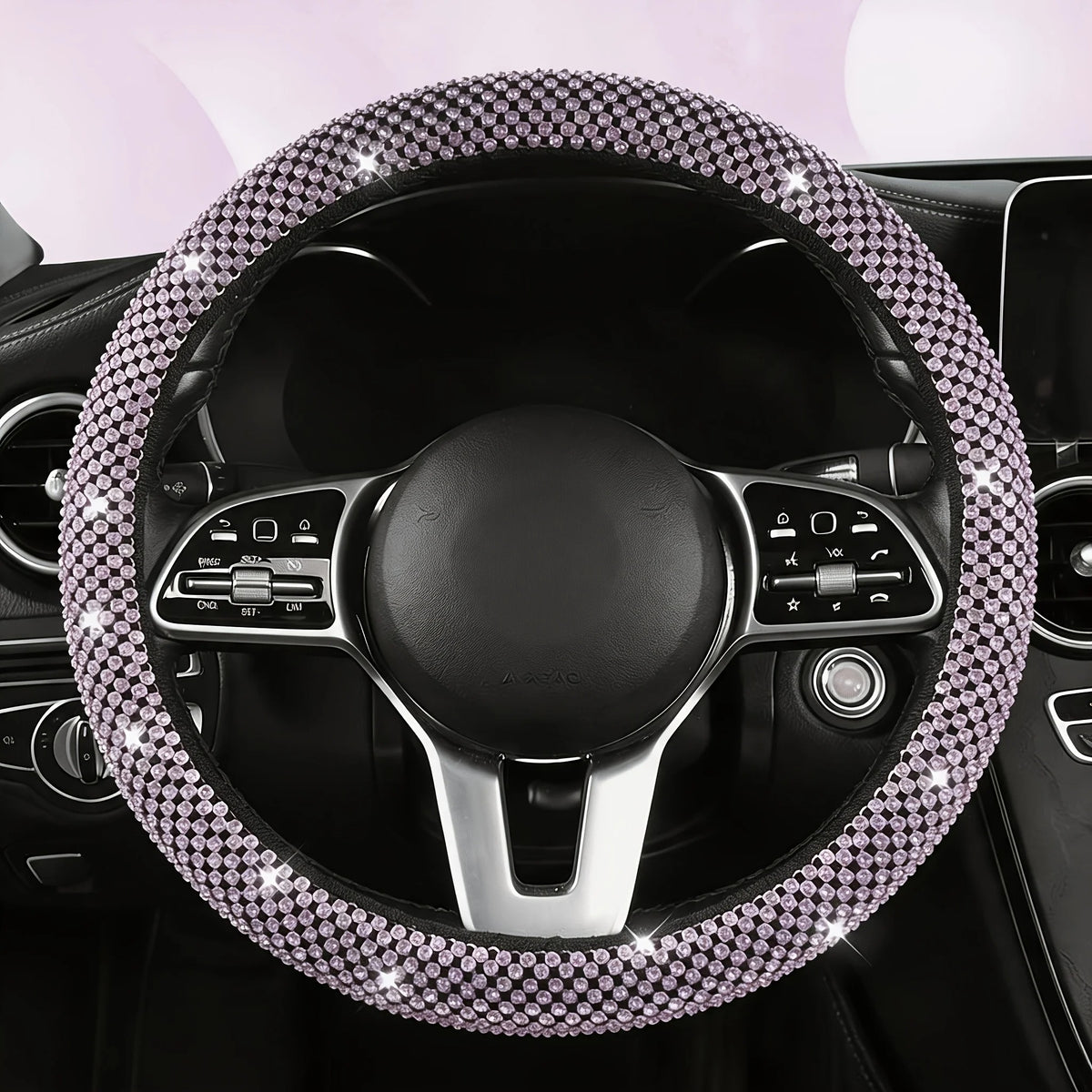 Rhinestone Car Steering Wheel Cover – O-Type Sparkly Diamond Non-Slip Grip - Delicate Leather