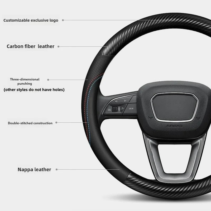Carbon Fiber Microfiber Leather Steering Wheel Cover – O Shape Universal Non-Slip Grip - Delicate Leather  
