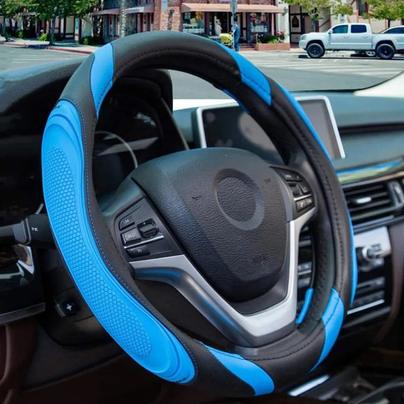 Fashion Splicing Leather Steering Wheel Cover – Universal Concave & Convex Anti-Slip Grip - Delicate Leather