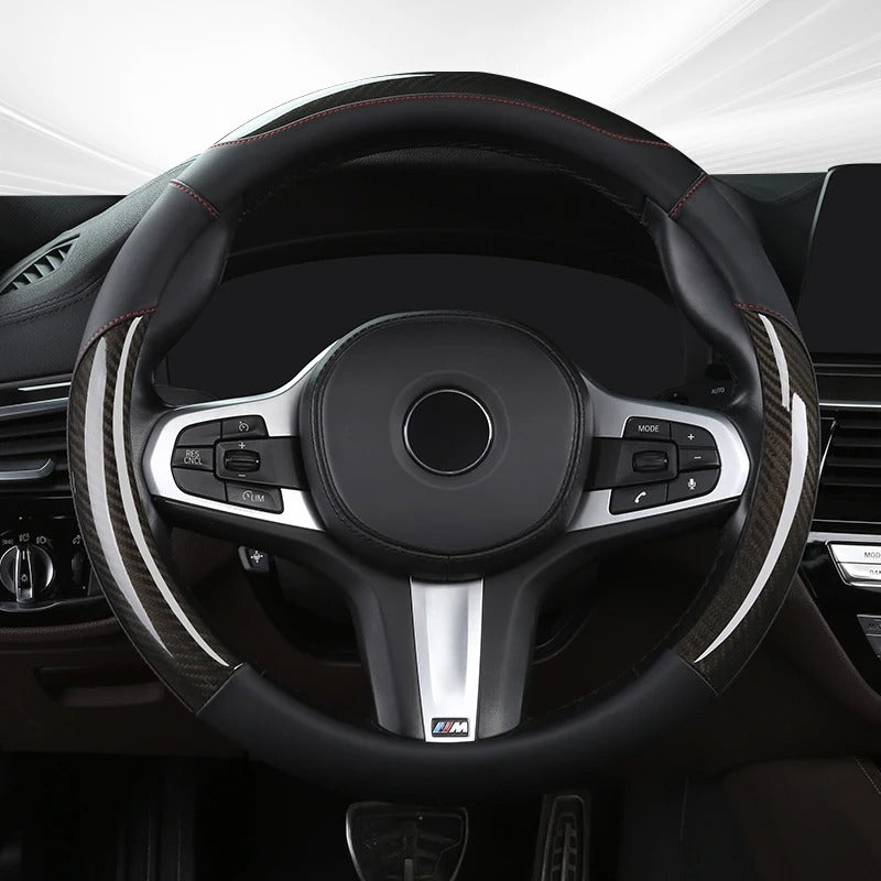 Carbon Fiber & Leather Steering Wheel Cover – Sports Style, O-Shape, Breathable & Non-Slip Rubber Inner Ring, Universal 37–38 cm Four-Season - Delicate Leather  