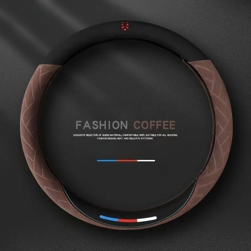 Suede Steering Wheel Cover – Universal 38cm O/D Shape Anti-Slip All-Season Grip - Delicate Leather  