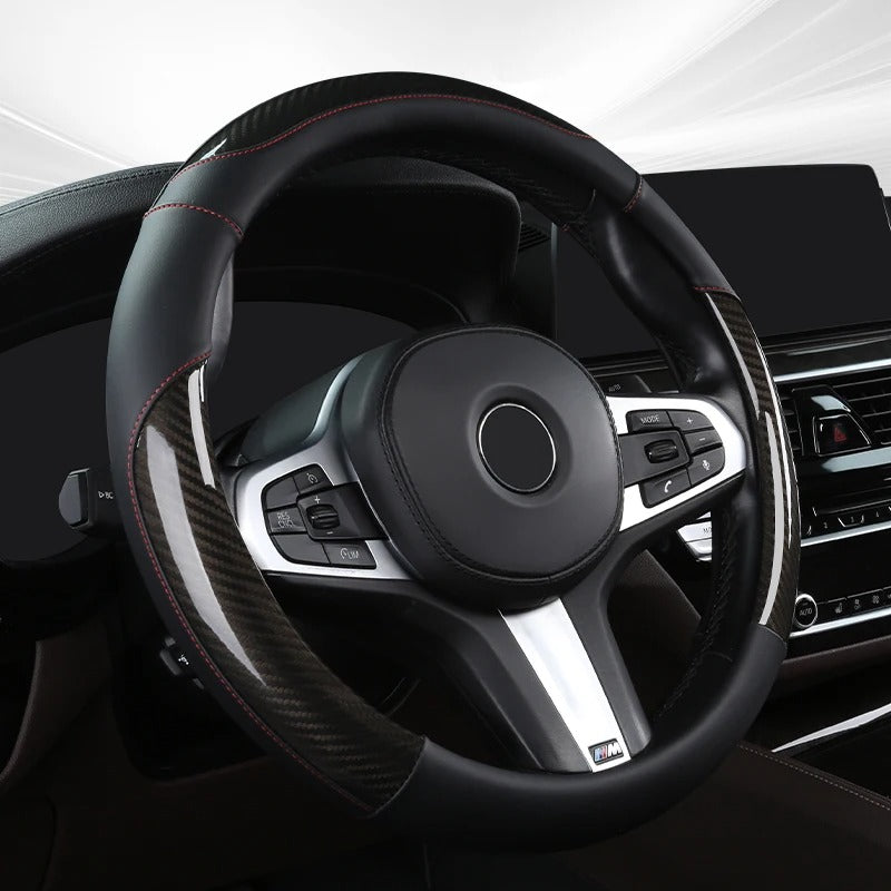 Carbon Fiber & Leather Steering Wheel Cover – Sports Style, O-Shape, Breathable & Non-Slip Rubber Inner Ring, Universal 37–38 cm Four-Season - Delicate Leather  