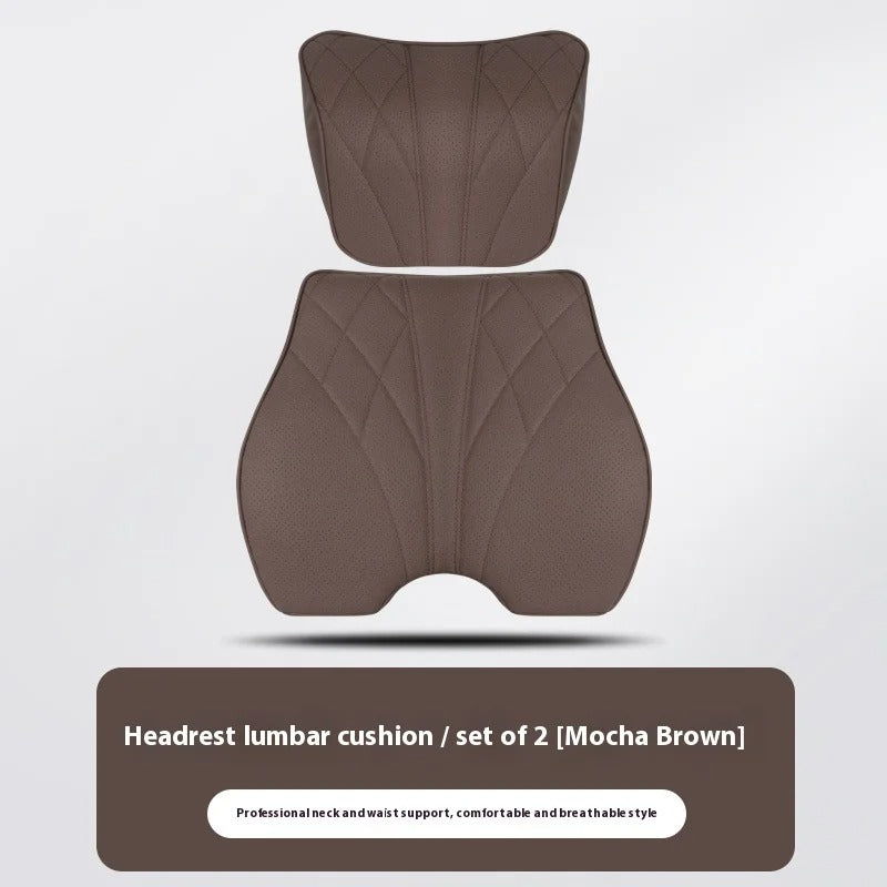 Nappa Leather Car Seat Cushion Set – Universal Fit with Headrest & Lumbar Support Pillows - Delicate Leather  