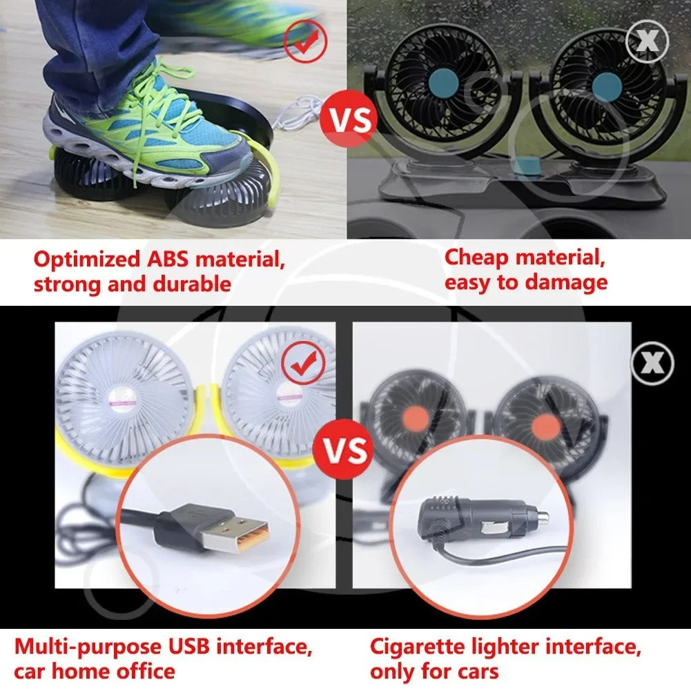 5V/12V/24V Dual Head USB Car Fan – 3-Speed Adjustable Cooling Fan for Car, Truck, Home or Office Use - Delicate Leather  