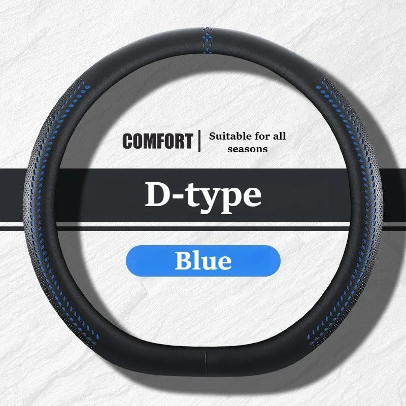 Universal Nappa Leather Steering Wheel Cover 38cm – O-Type, D-Type & Double D Non-Slip Car Steering Wheel Protector - Delicate Leather