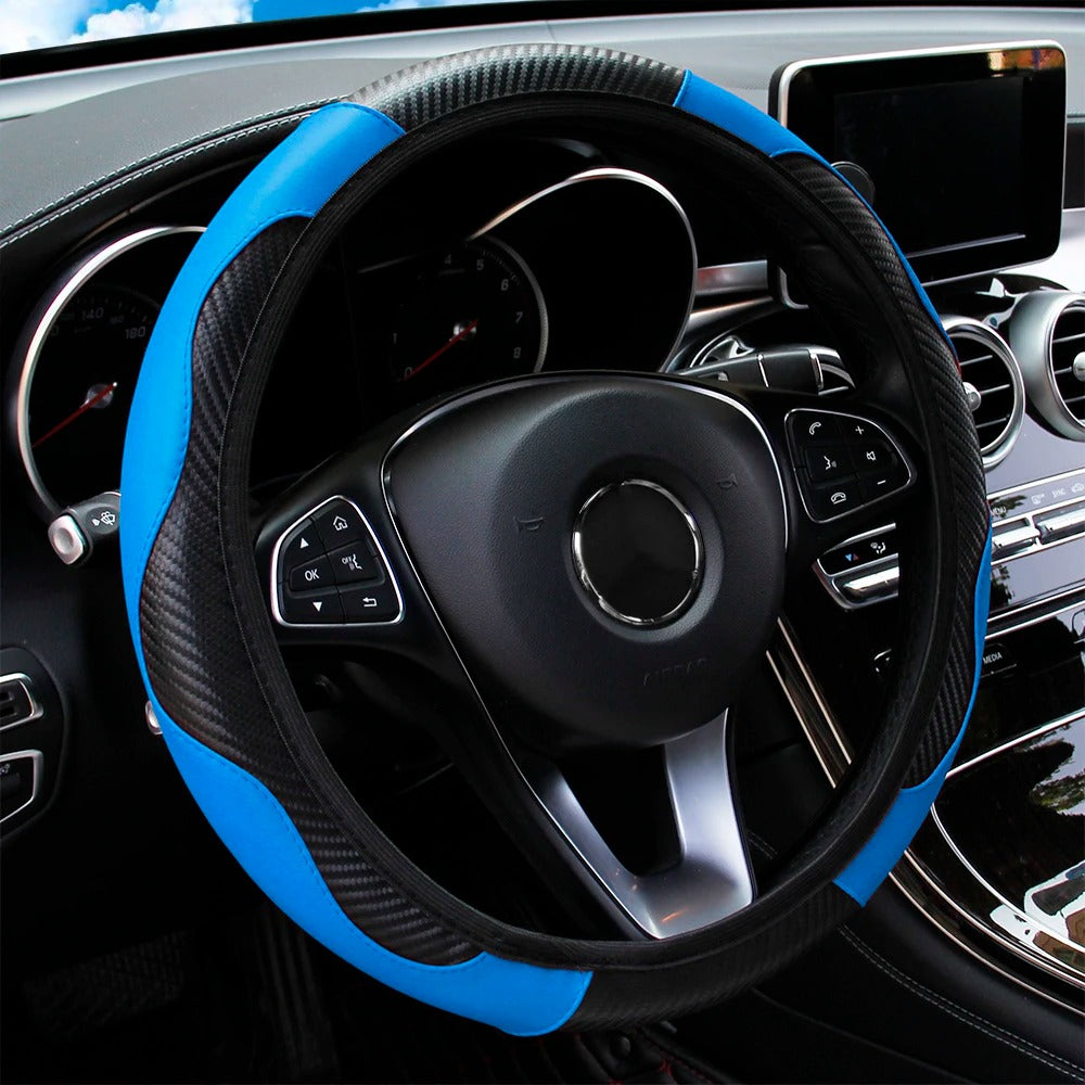 PU Carbon Fiber Steering Wheel Cover – Fits 14.5 to 15 Inch Wheels - Delicate Leather  
