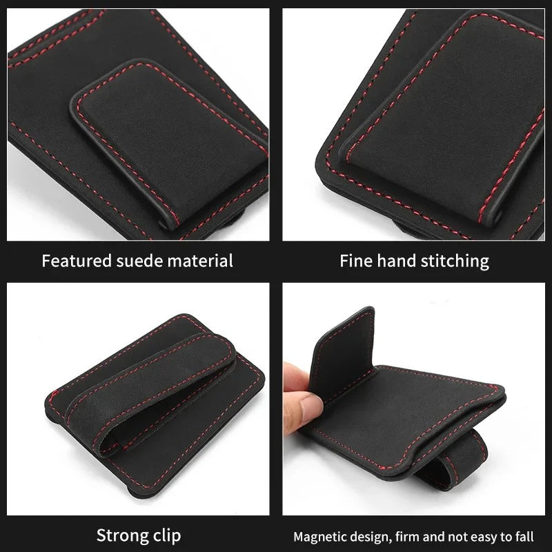 Suede Leather Car Glasses Holder Auto Sun Visor Sunglasses Clip Card Ticket Organizer Universal Multi-Function Car Accessories