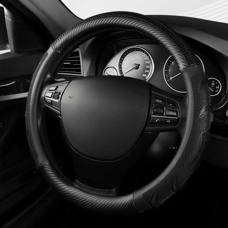 Carbon Fiber Steering Wheel Cover – Universal 38CM O/D Shape Honeycomb Non-Slip Grip - Delicate Leather