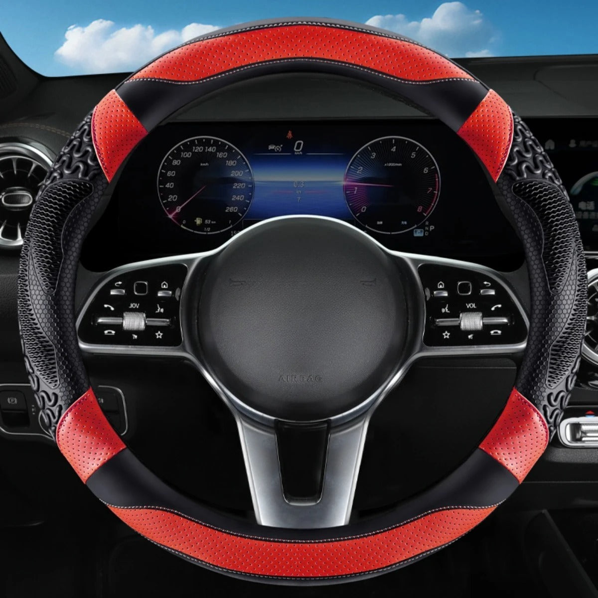 PU Leather Steering Wheel Cover – All-Season Perforated Design with Heat-Embossed Pattern (14.5–15 Inch Fit) - Delicate Leather  