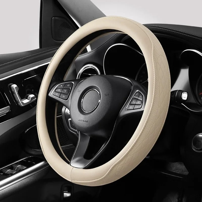 Embossed PU Leather Steering Wheel Cover – Anti-Slip Universal 15-Inch Fit - Delicate Leather  
