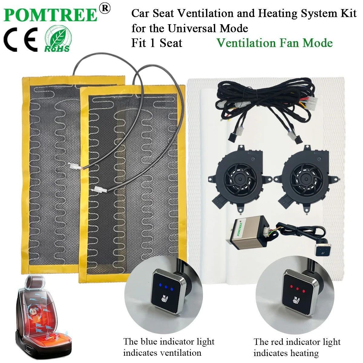 Universal 12V Car Seat Cooling & Heating Kit for 1 Seat – 2 Heating Pads, Ventilation Fans & 3-Level Switch - Delicate Leather
