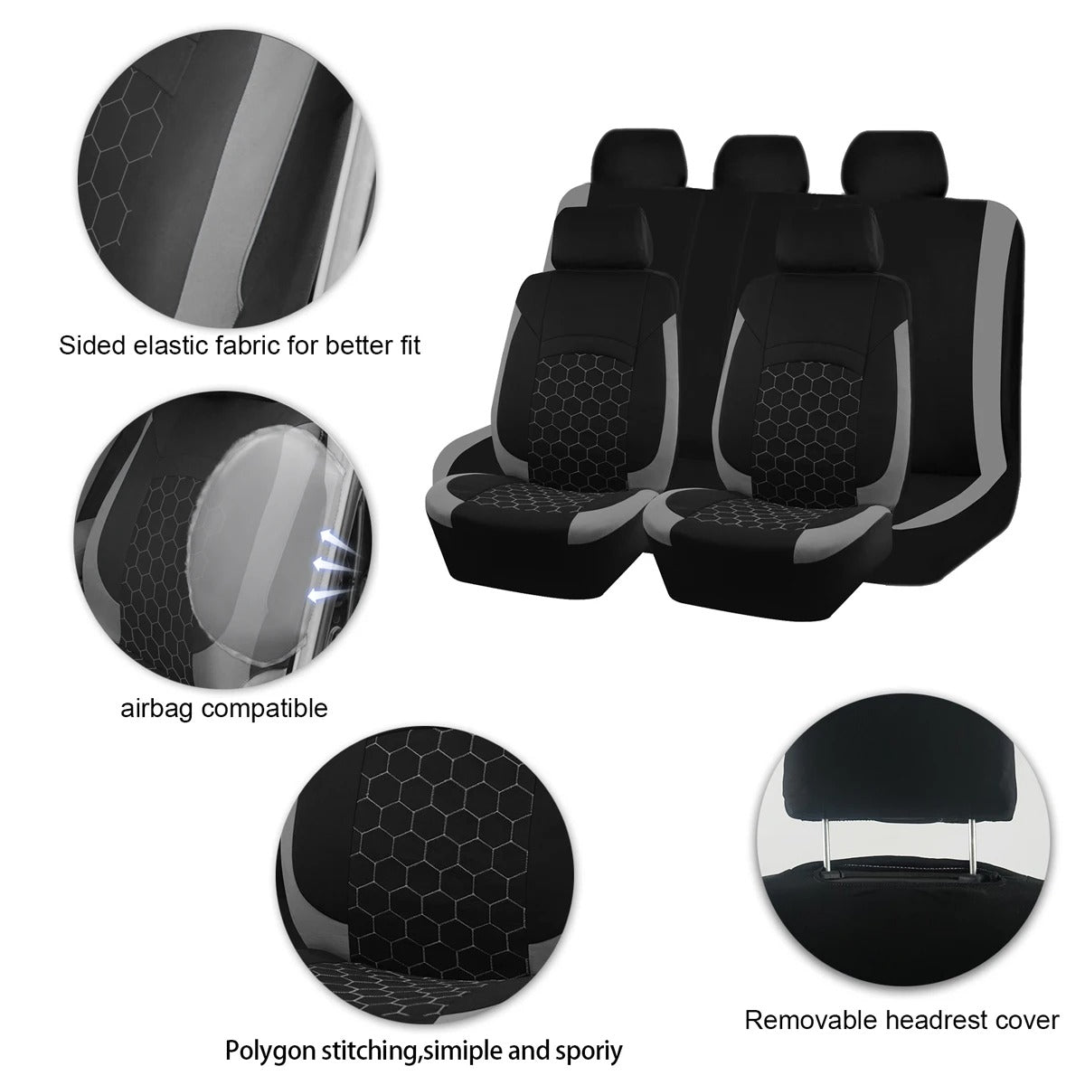 Universal Racing Car Seat Covers Set – Polyester Hexagon Embroidery with Sponge Padding (4 PCS) - Delicate Leather